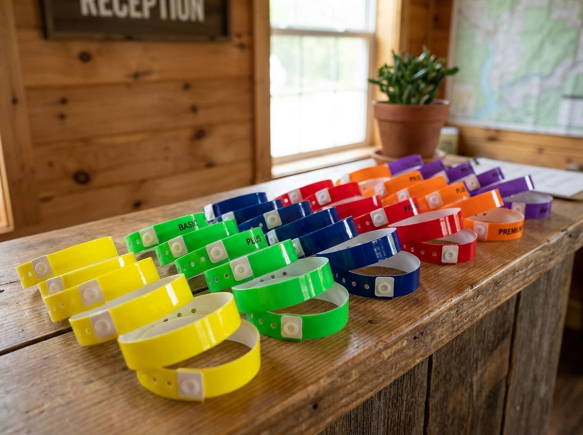 Bracelets vinyle PVC colorés présentés sur un comptoir, durabilité du plastique pour événements multi-jours