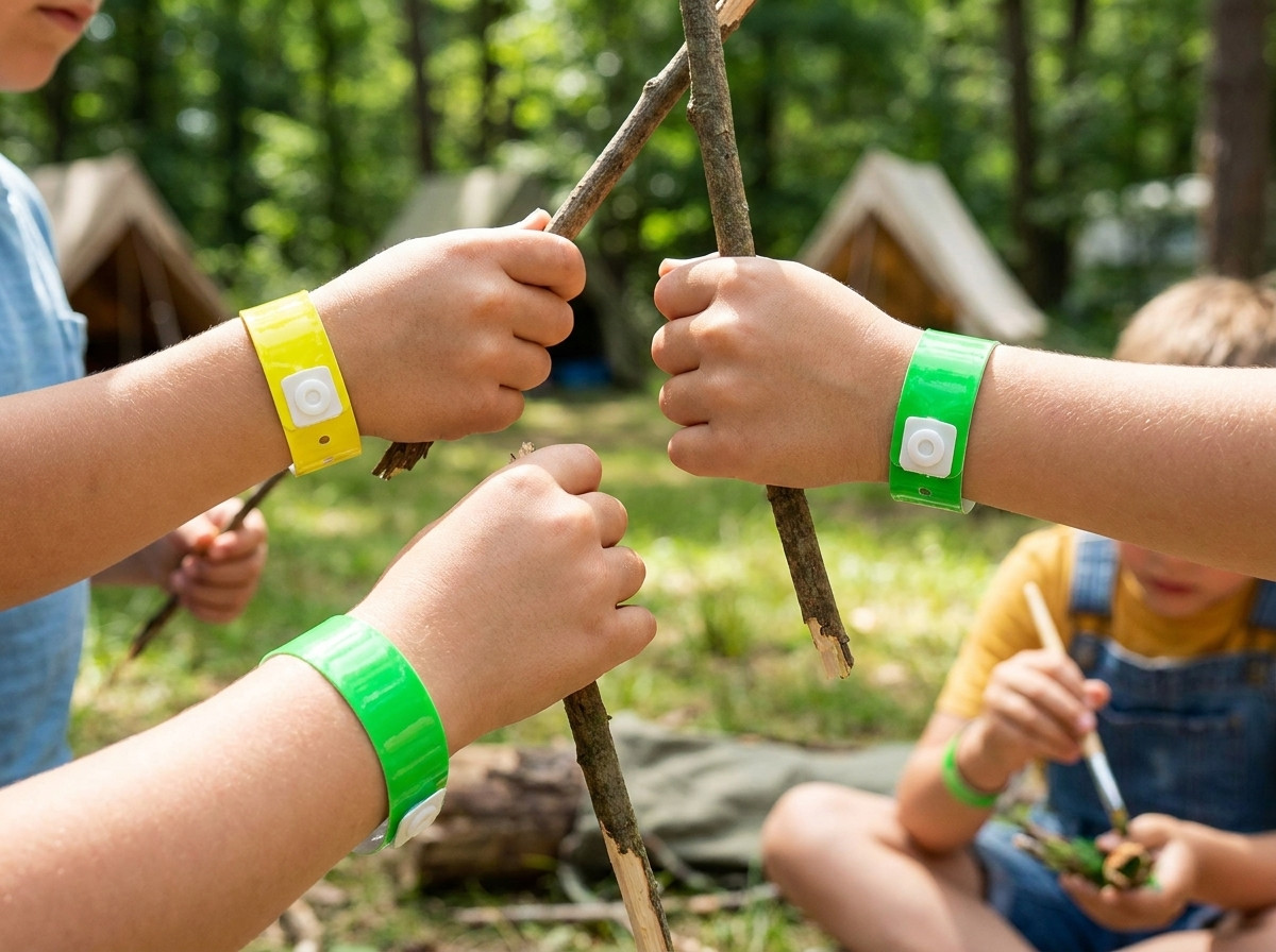 Bracelets Tyvek colorés pour mini-club camping, portés par des enfants participant à une animation en plein air