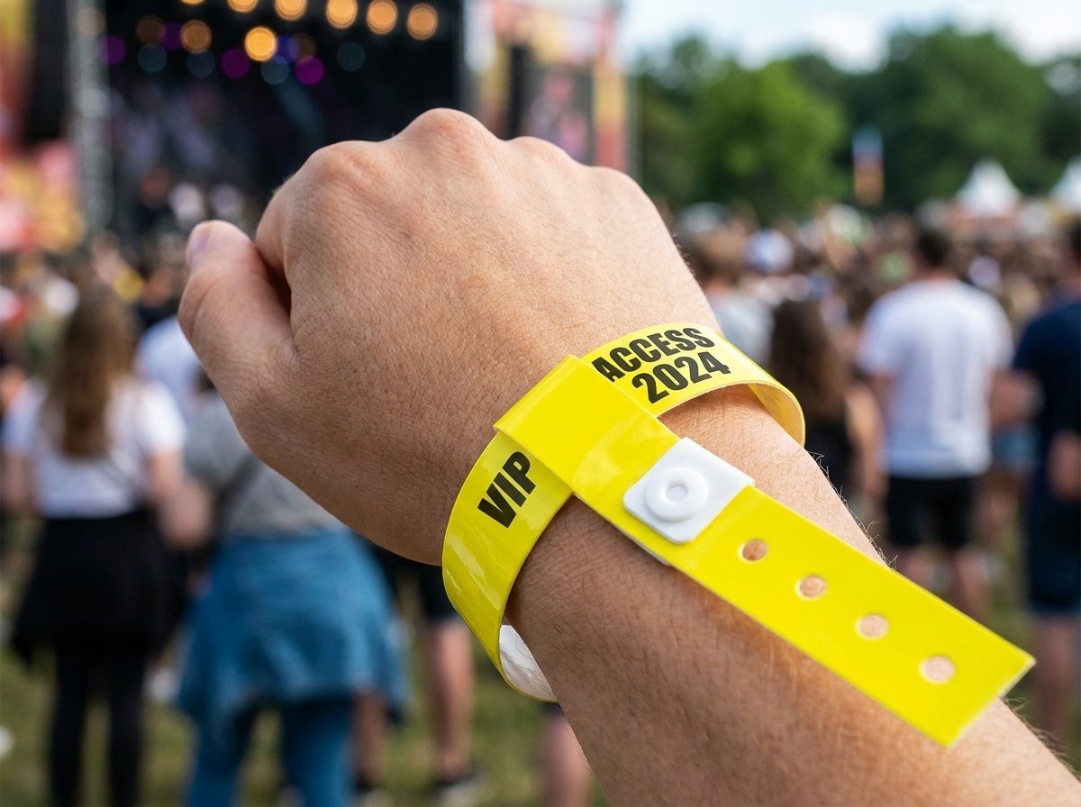 bracelet identification coloré au poignet d'un campeur adulte près d'une piscine de camping en été