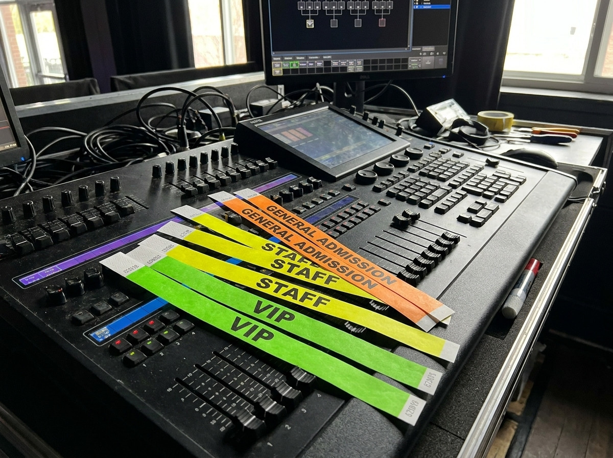 Bracelets concert personnalisés en Tyvek, différentes couleurs pour VIP, staff et public, posés sur une table de régie lumière en backstage