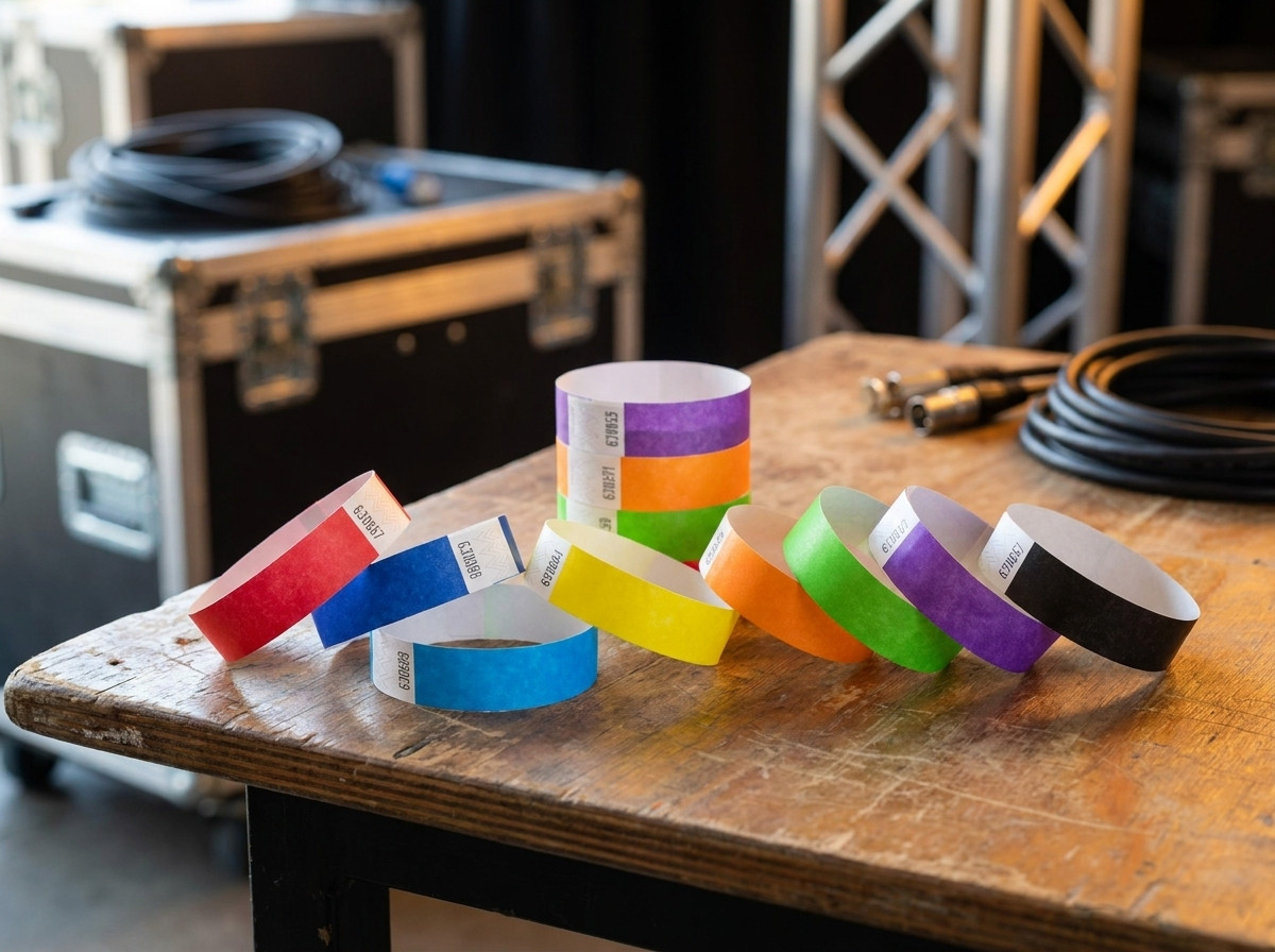 Assortiment de bracelets backstage concert de plusieurs couleurs disposés sur une table de production scénique