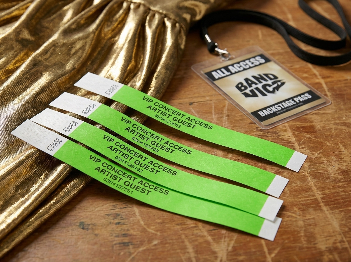 Bracelets VIP personnalisés pour concert, posés sur une table backstage avec lamé doré et badge artiste