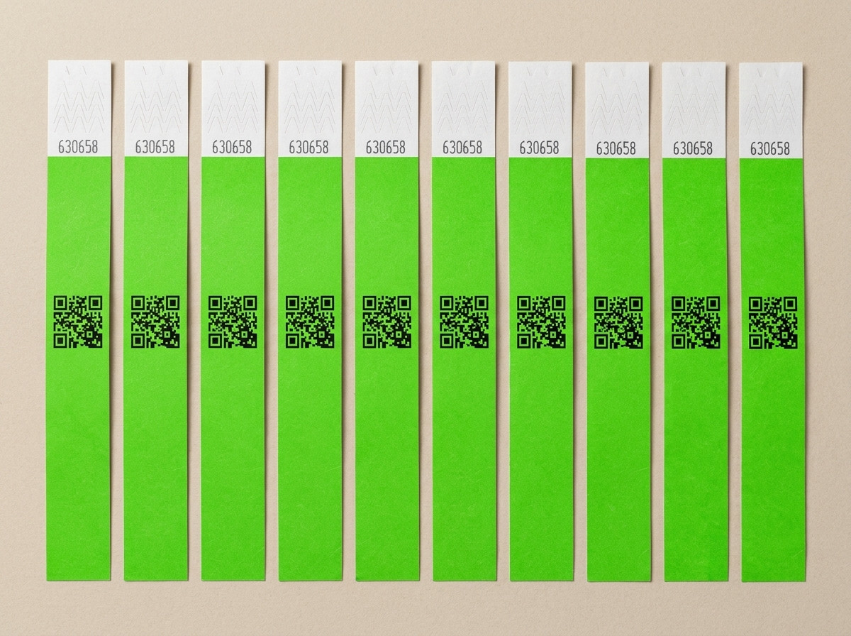 bracelets identification anti-fraude numérotés alignés, montrant la fermeture anti-transfert et le QR code imprimé en haute définition