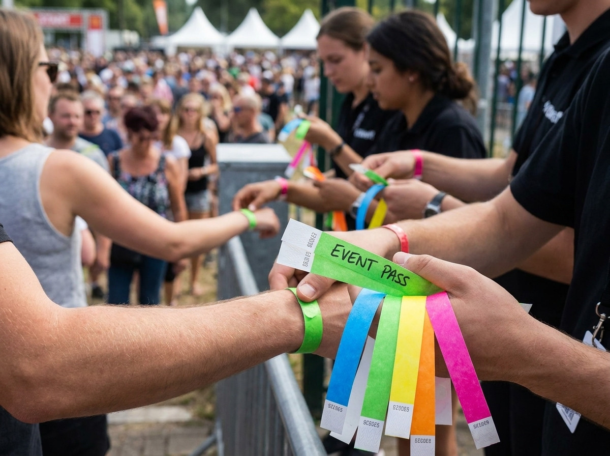 Bracelets Tyvek colorés remis à des spectateurs à l'entrée d'un stade lors d'un match de football