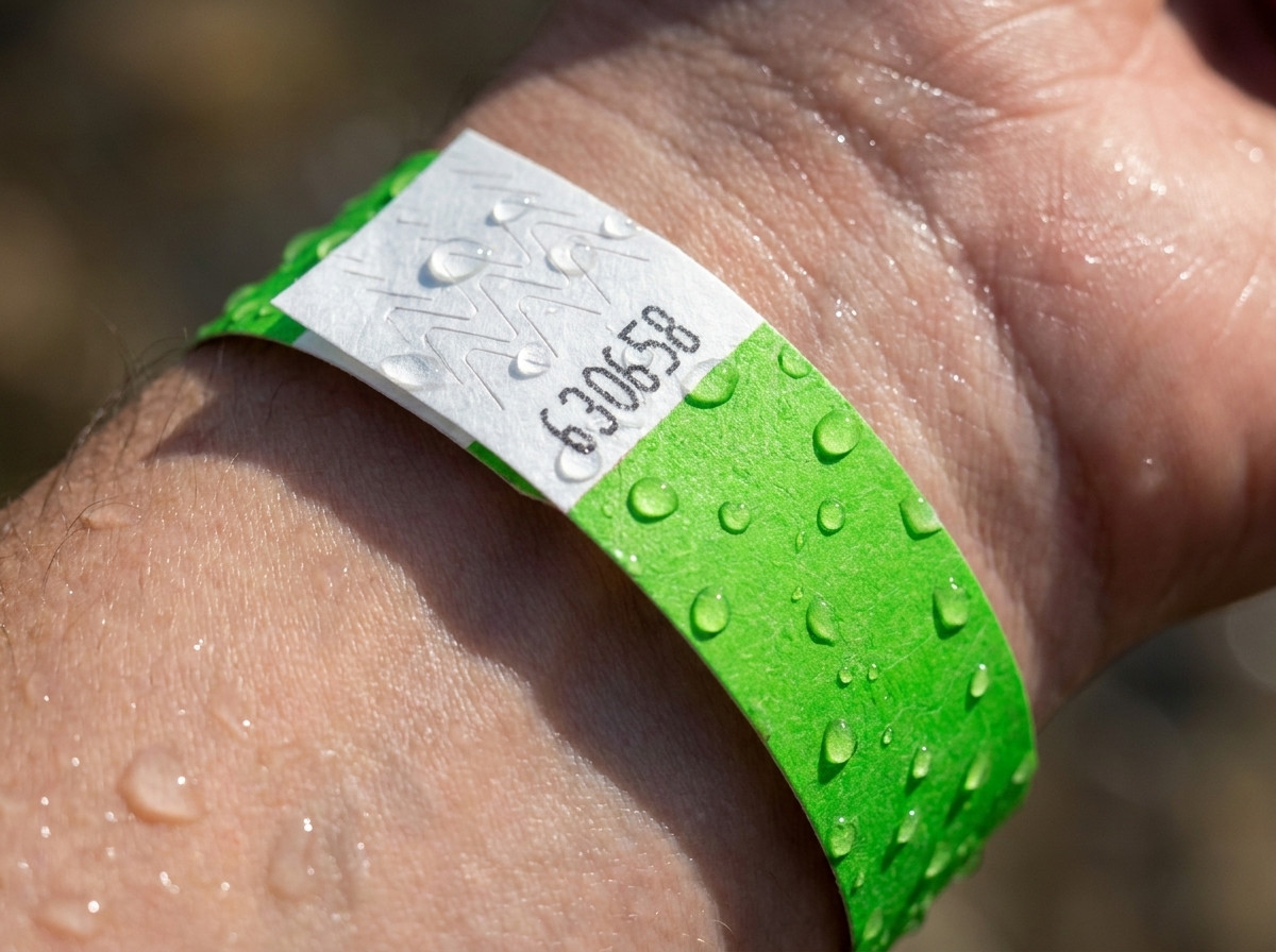 Gros plan sur un bracelet vinyle étanche porté au poignet d'un triathlète qui sort de l'eau lors de la transition natation-vélo