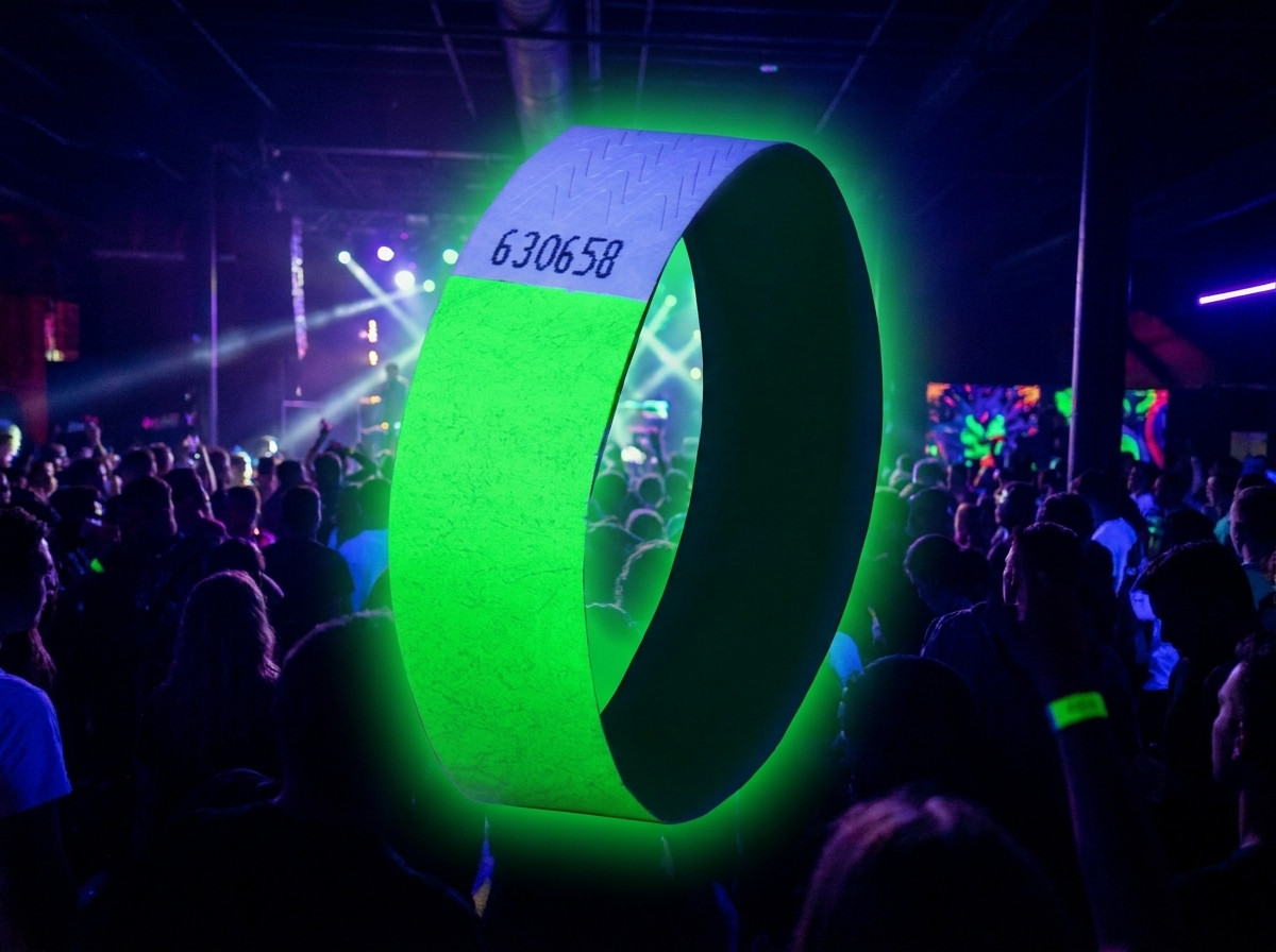 Bracelets Tyvek fluo et UV-réactifs pour festival électro sous lumière noire, avec logo et QR code imprimés en haute définition