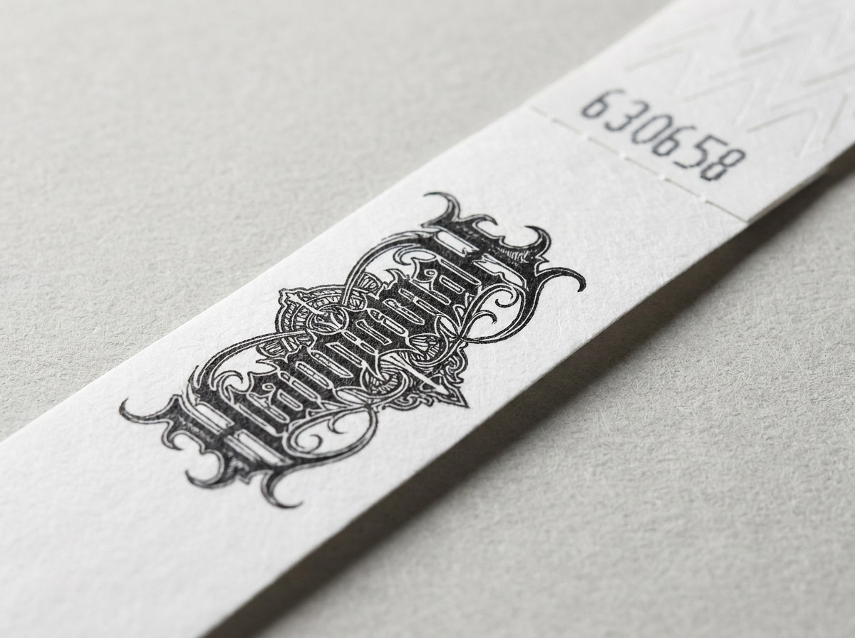 Gros plan sur un bracelet Tyvek avec impression HD montrant un logo complexe aux couleurs vives et des détails fins
