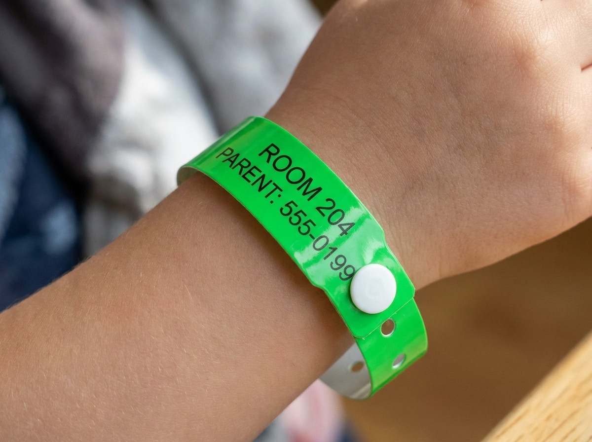 Bracelet Tyvek coloré pour enfant avec numéro de chambre et contact parental imprimés, porté au poignet d'un enfant au bord d'une piscine d'hôtel