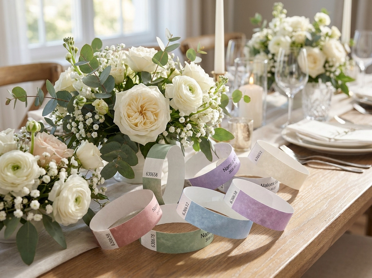 Bracelets Tyvek colorés personnalisés pour un mariage, disposés sur une table de décoration florale
