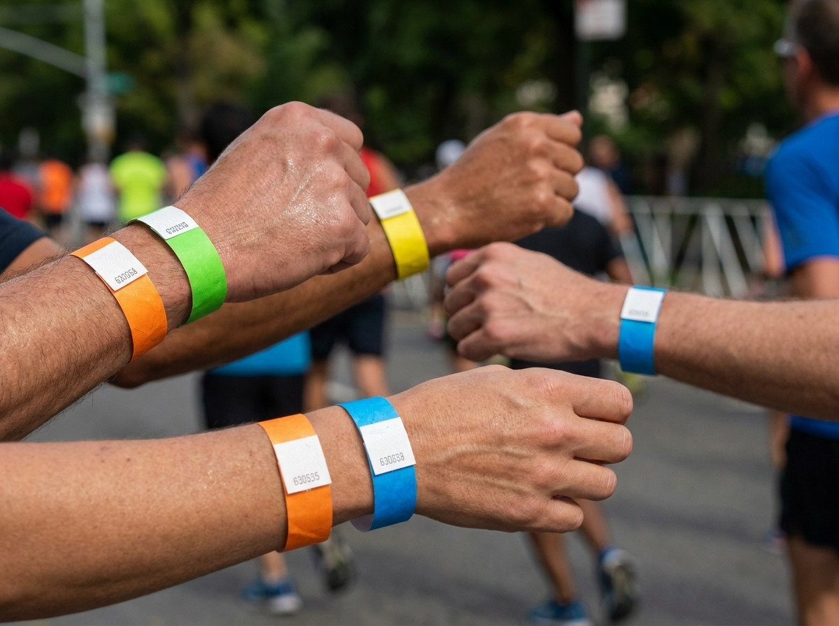 Coureurs portant des bracelets d'identification colorés lors d'un marathon urbain