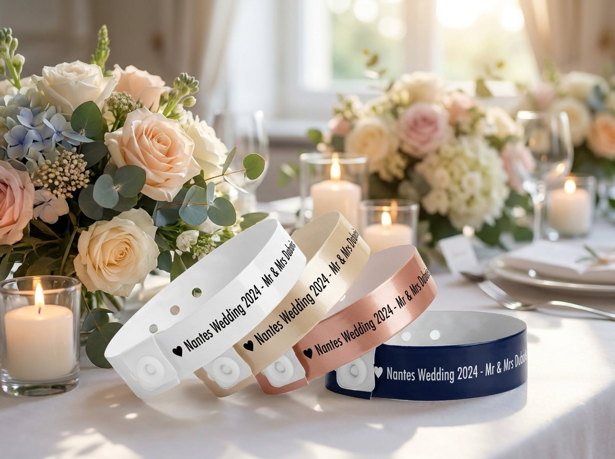 Bracelets mariage personnalisés en sur une table de réception, Nantes