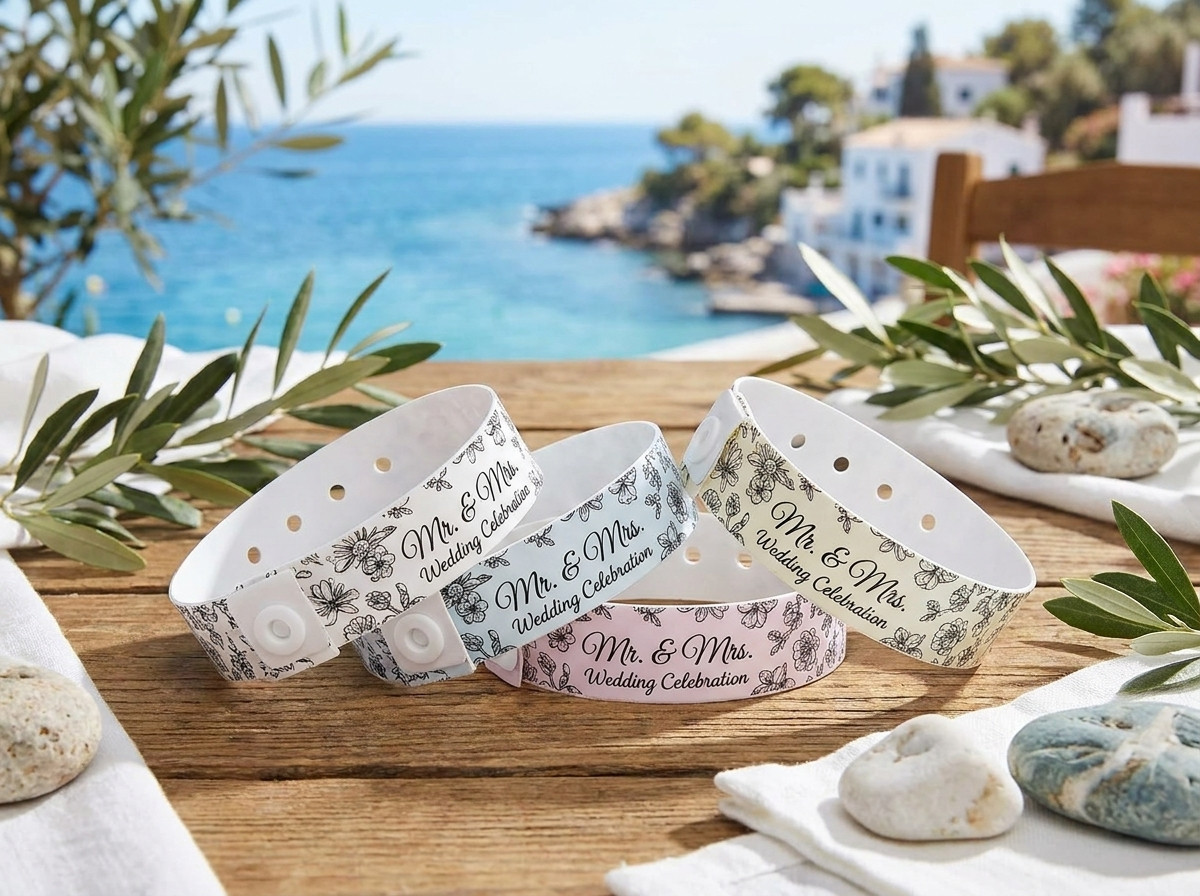 Bracelets mariage personnalisés en avec motif floral pour un mariage sur la Côte d'Azur à Nice