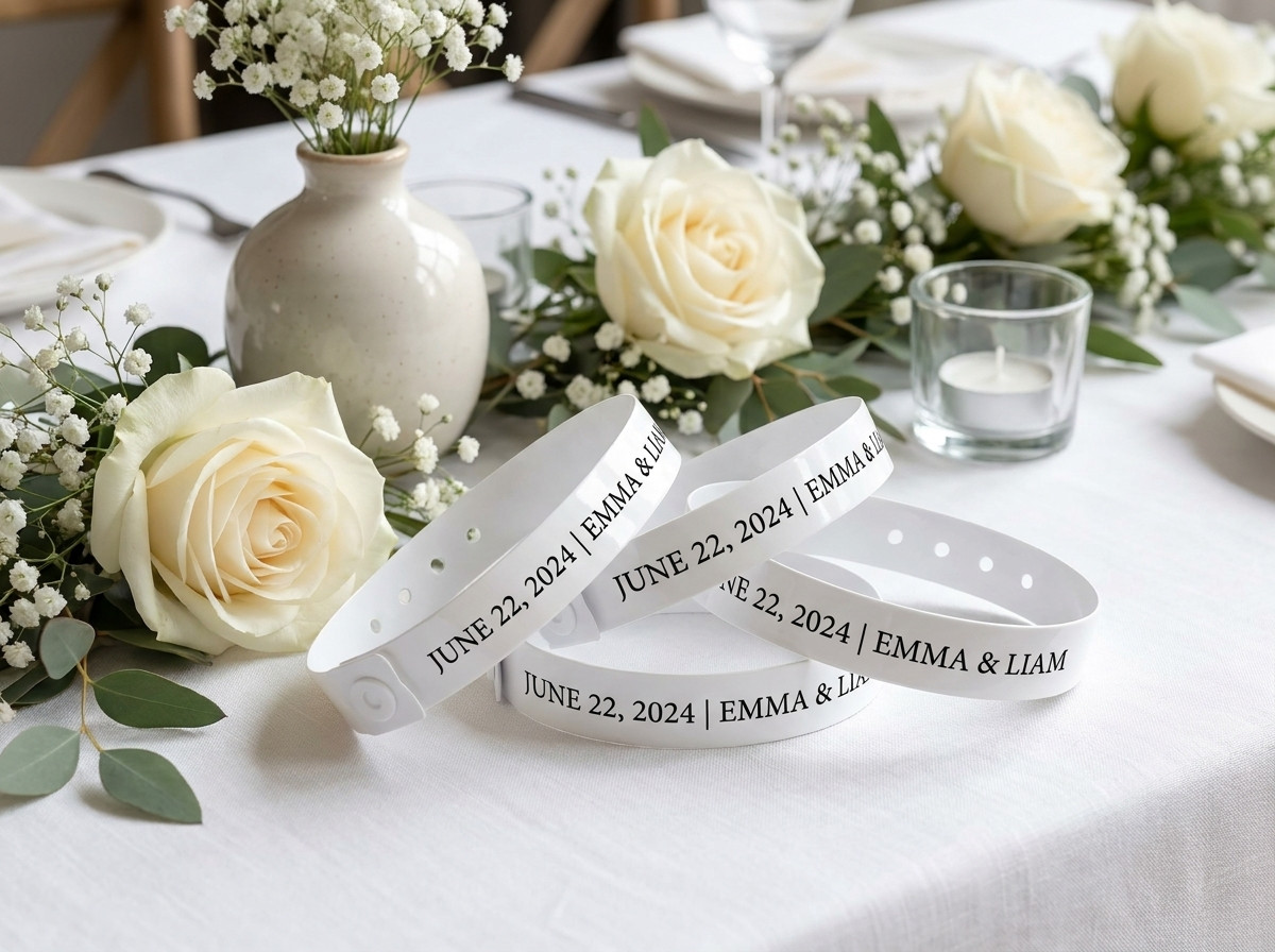 Bracelets Tyvek blancs personnalisés avec prénoms des mariés et date, posés sur une table de mariage décorée de fleurs
