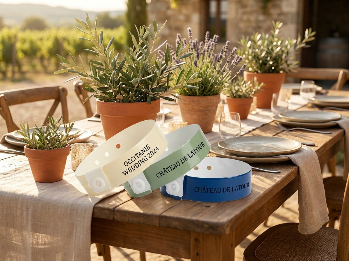 Bracelets mariage personnalisés Tyvek et posés sur une table décorée en Occitanie