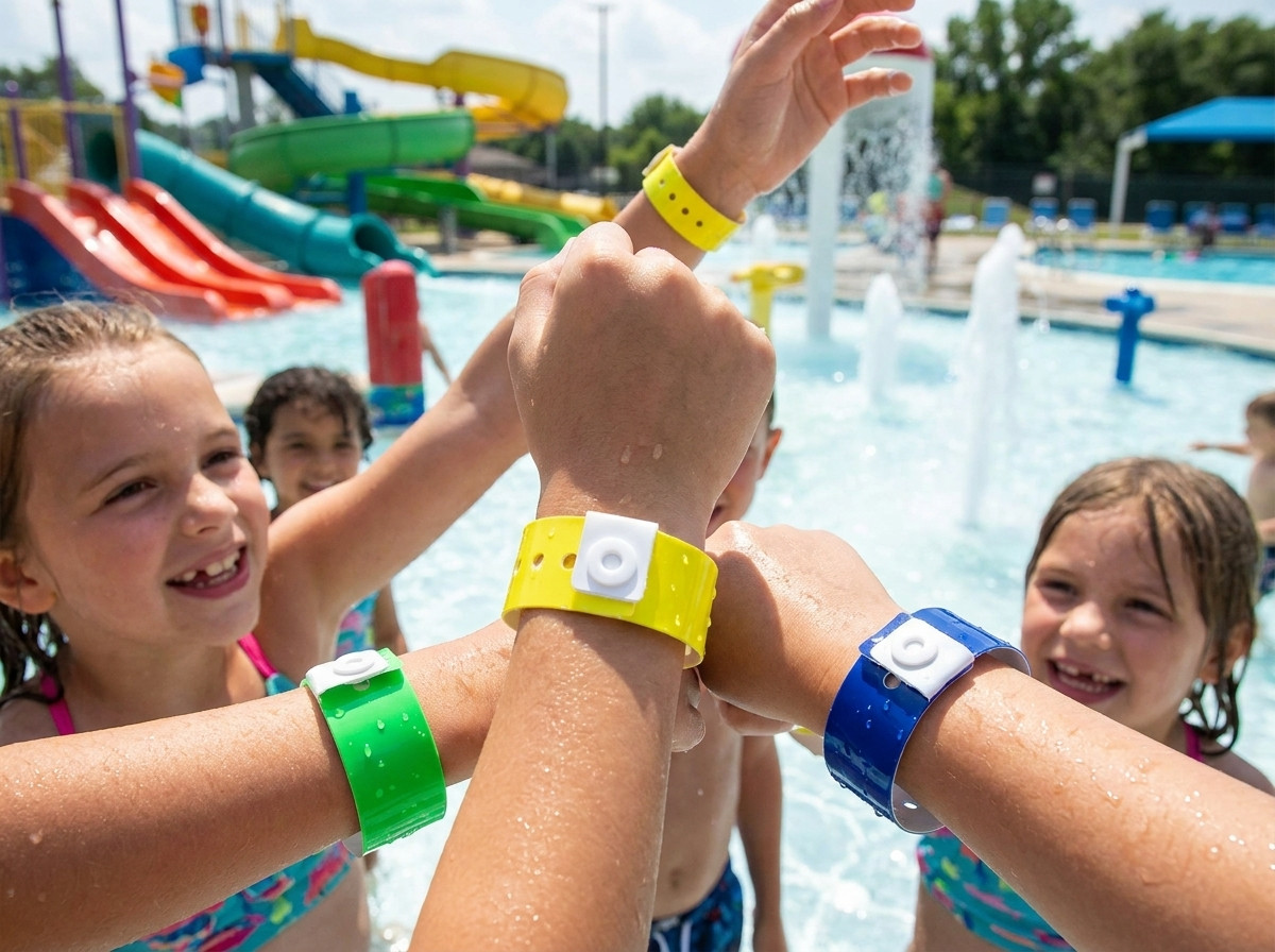 Bracelets vinyle étanches colorés portés par des enfants dans un parc aquatique ensoleillé