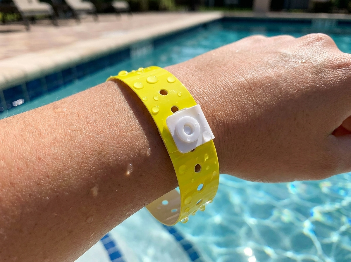 Gros plan sur un bracelet vinyle étanche porté au poignet d'un enfant au bord d'une piscine, avec un numéro de téléphone clairement imprimé