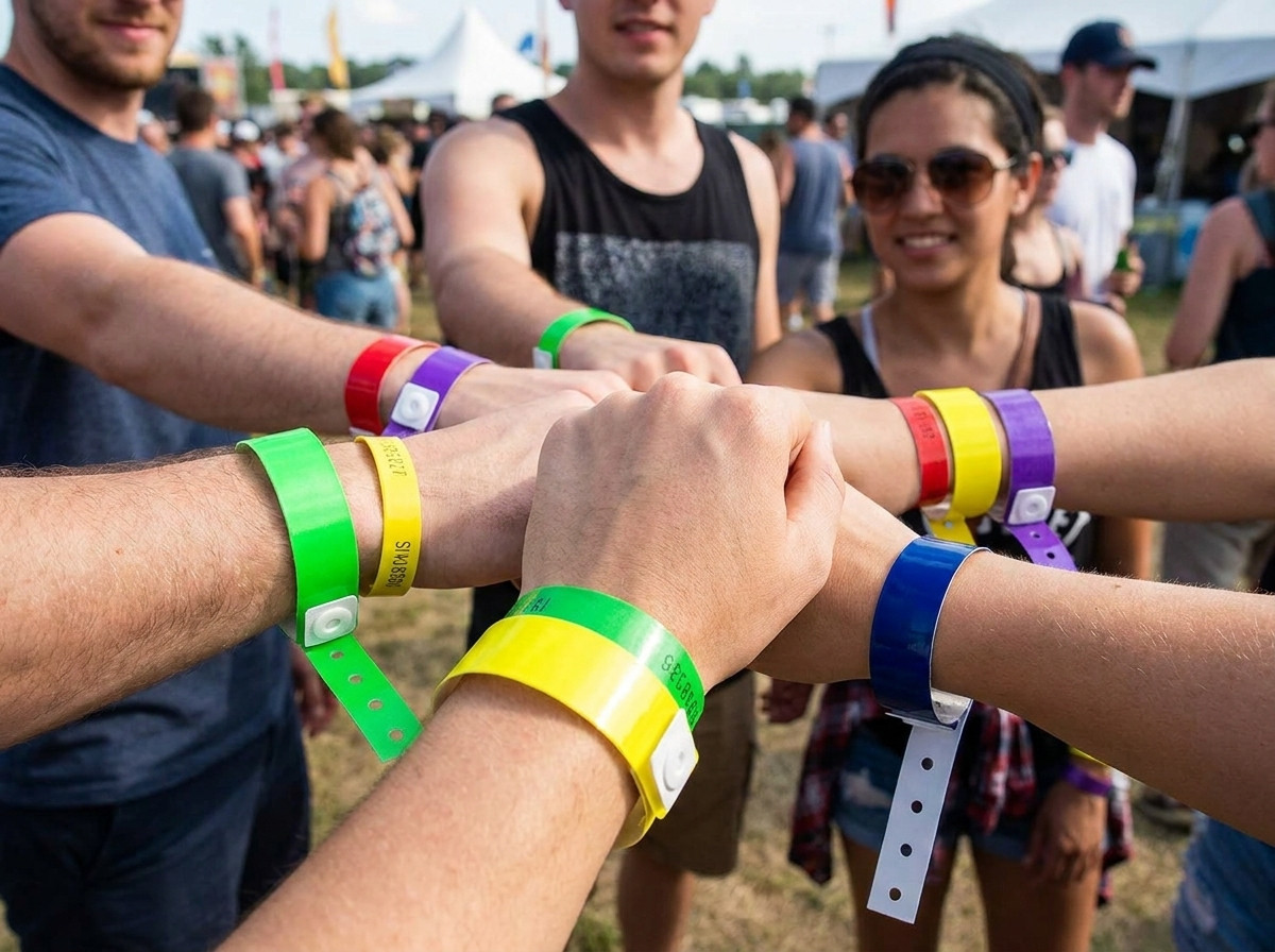 Bracelets vinyle colorés portés par des visiteurs à l'entrée d'un parc aquatique avec toboggans et piscines en arrière-plan