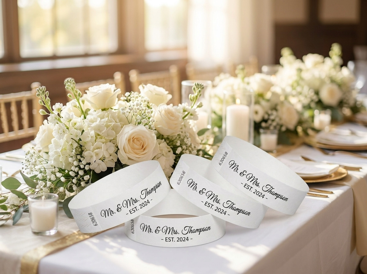 bracelets identification blanc personnalisés avec prénom des mariés et date de mariage, présentés sur une table décorée de fleurs blanches