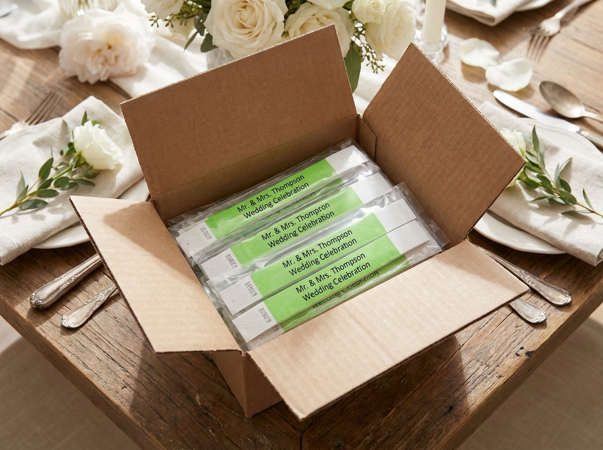 Carton de livraison ouvert révélant des sachets de bracelets de mariage personnalisés prêts à être distribués aux invités
