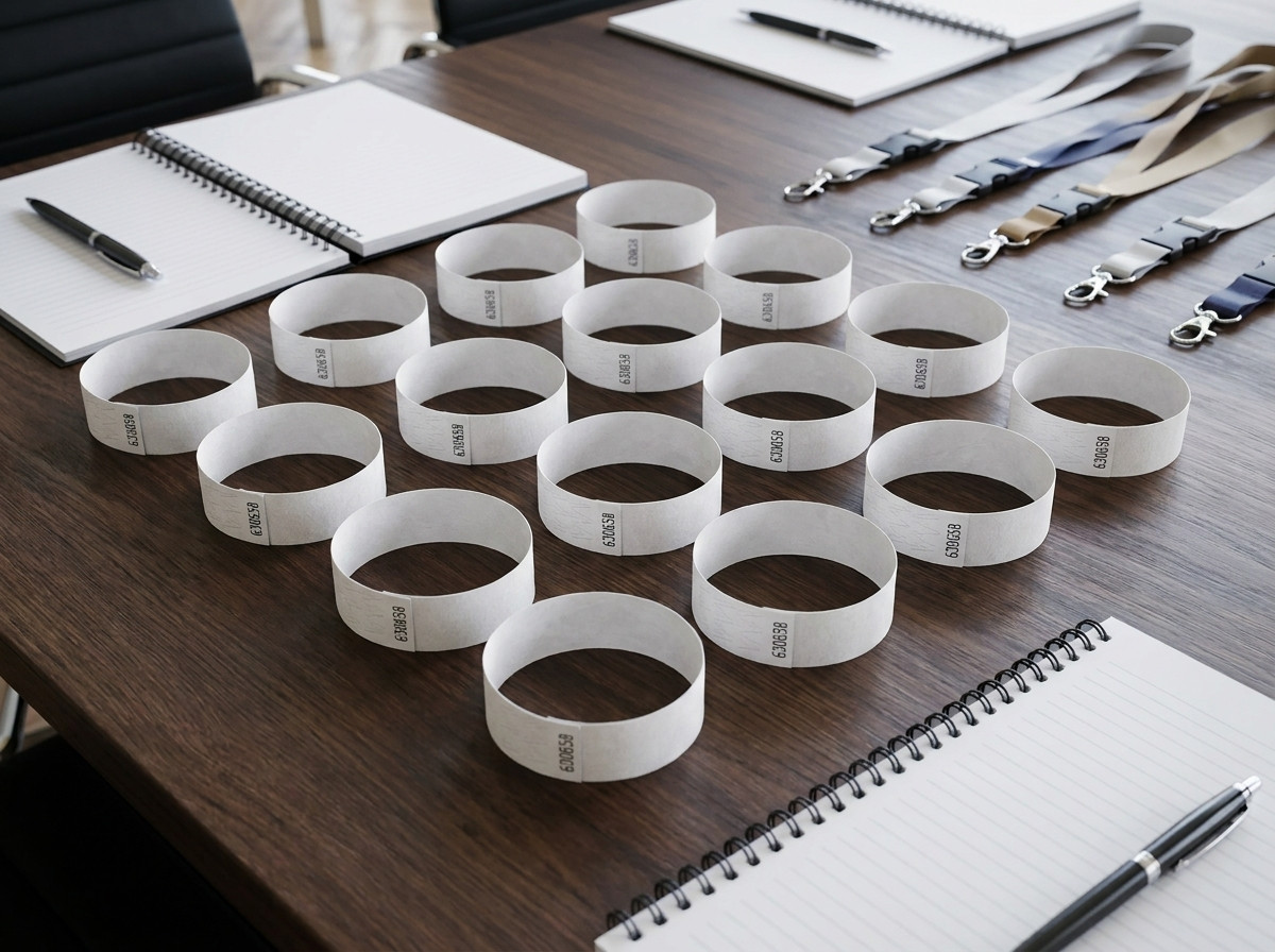 Bracelets séminaire en personnalisés avec logo corporate et code-barres, posés sur une table de conférence professionnelle