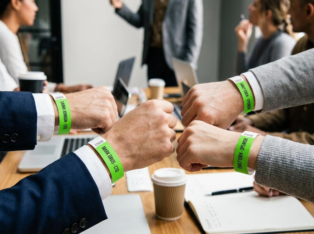 bracelets identification nominatifs pour conférence professionnelle, avec nom et fonction imprimés en haute définition, portés au poignet de participants lors dun congrès