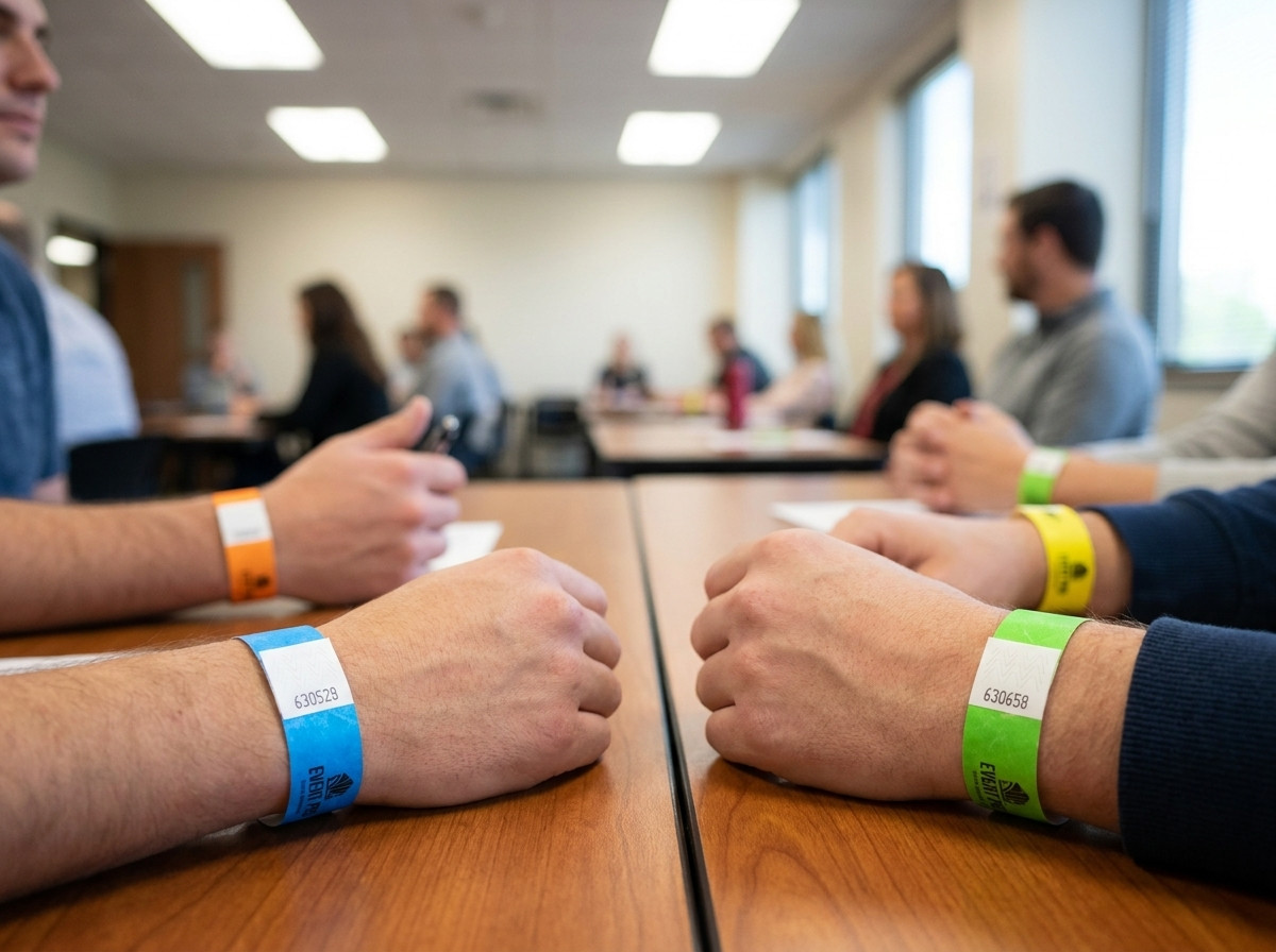 Bracelets Tyvek colorés portés par des candidats assis à des tables de formation en salle, avec logo et numérotation séquentielle visibles