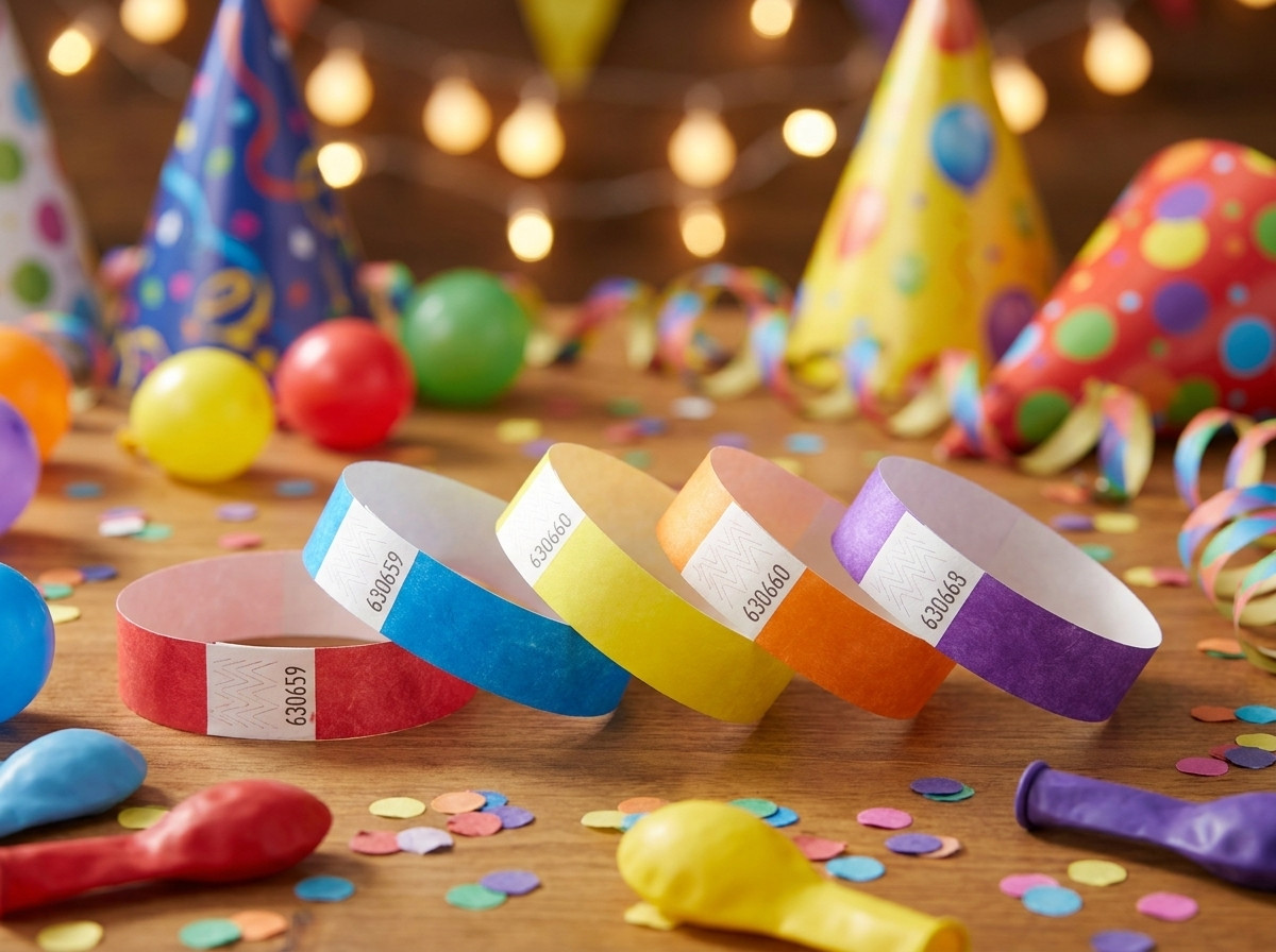 Bracelets soirée personnalisés en Tyvek colorés, imprimés HD, posés sur une table avec décorations de fête