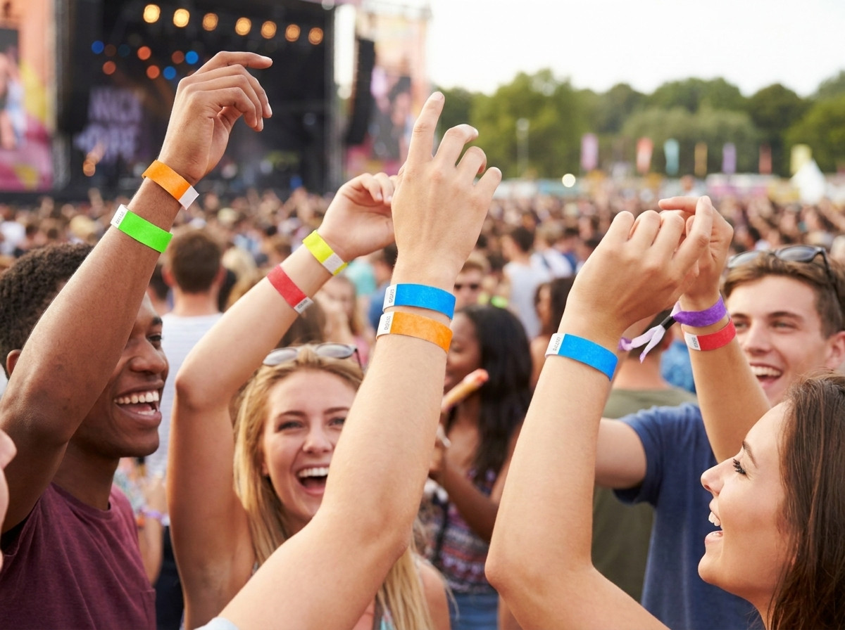 Bracelets Tyvek colorés portés par des festivaliers lors d'un concert en plein air, illustrant leur résistance et leur confort