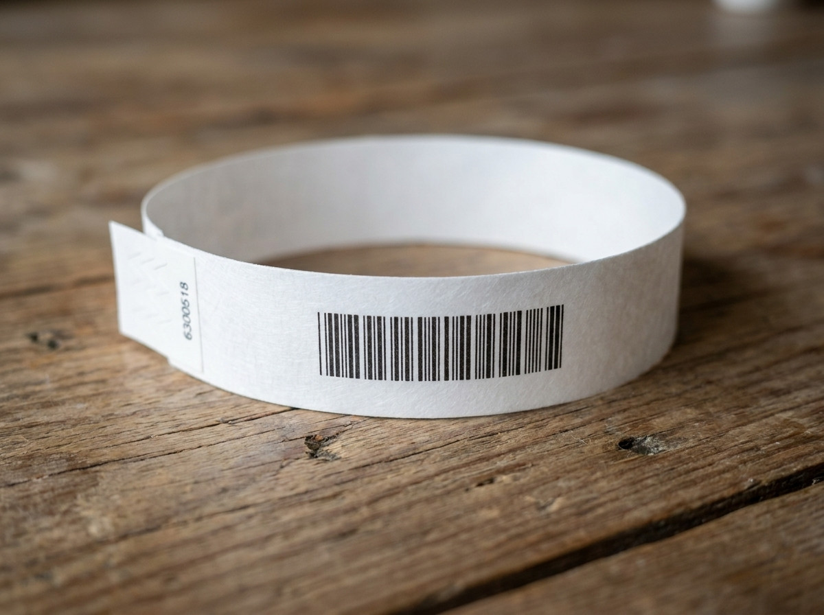 Gros plan sur un bracelet en Tyvek blanc imprimé avec logo et code-barres, posé sur une surface en bois