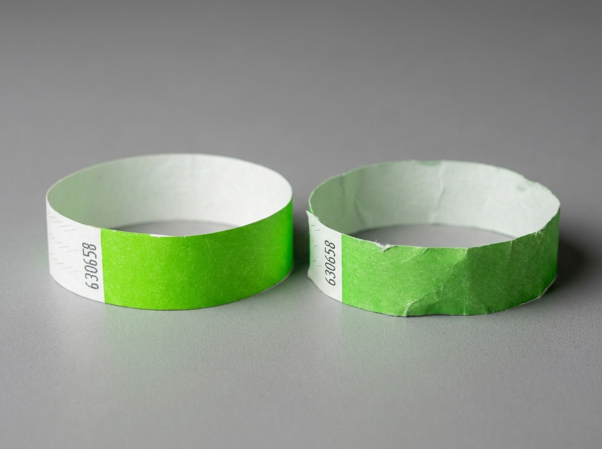 Comparaison côte à côte d'un bracelet Tyvek et d'un bracelet papier mouillés sur une surface extérieure sous la pluie