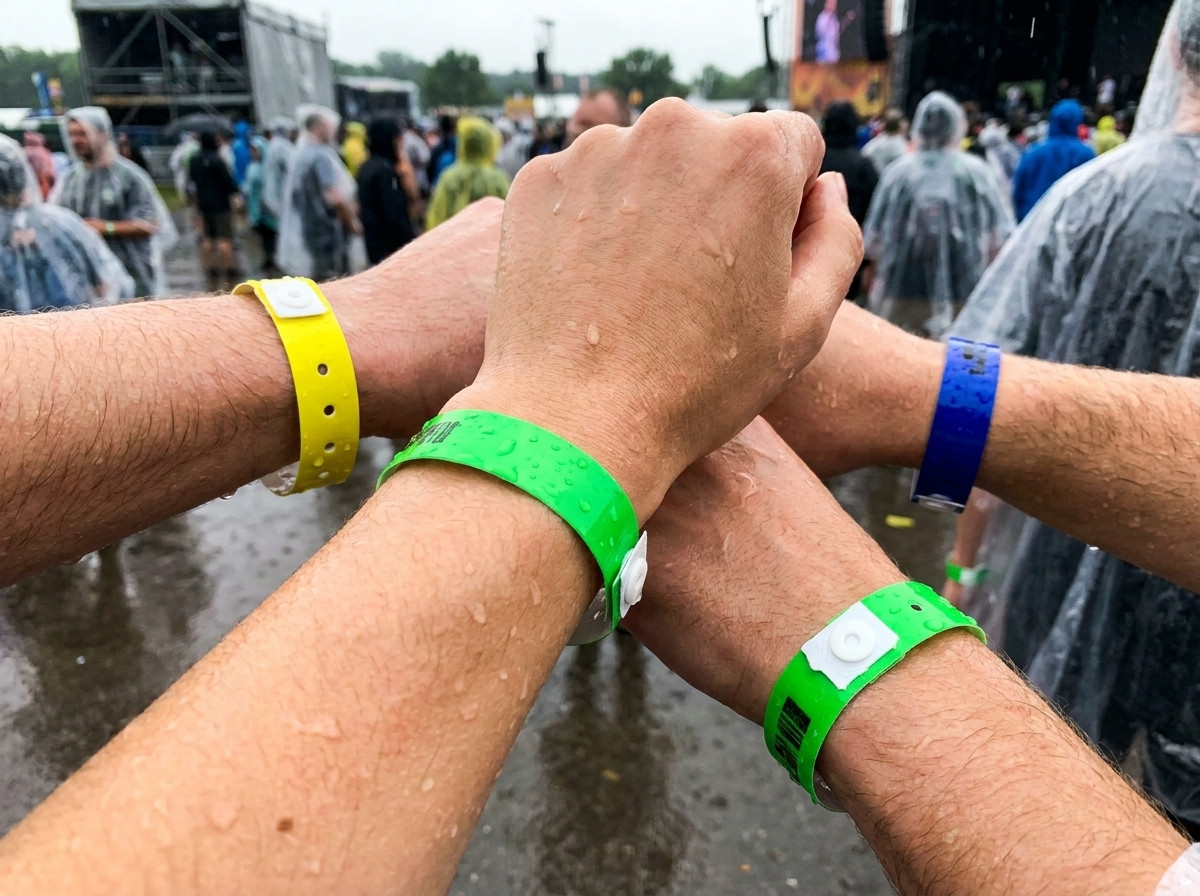 Festivaliers portant des bracelets vinyle colorés à un festival multi-jours en plein air sous la pluie