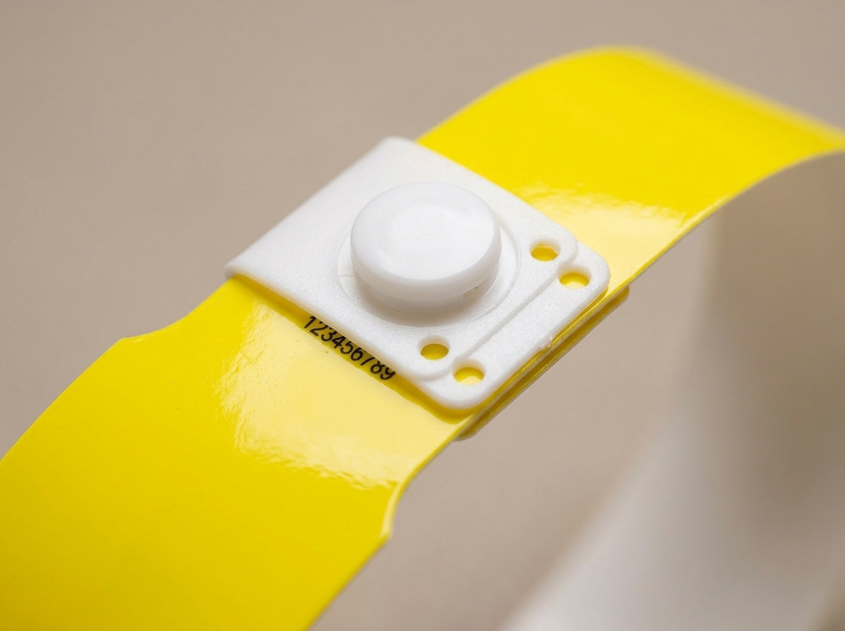 Gros plan sur la fermeture anti-transfert d'un bracelet vinyle PVC, illustrant le mécanisme de sécurité